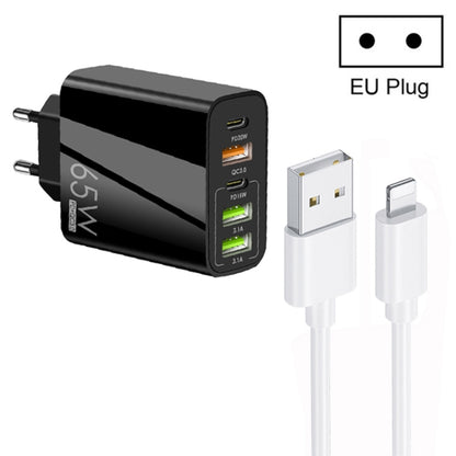 65W Dual PD Type-C + 3 x USB Multi Port Charger with 3A USB to 8 Pin Data Cable, EU Plug(Black) - Apple Accessories by buy2fix | Online Shopping UK | buy2fix