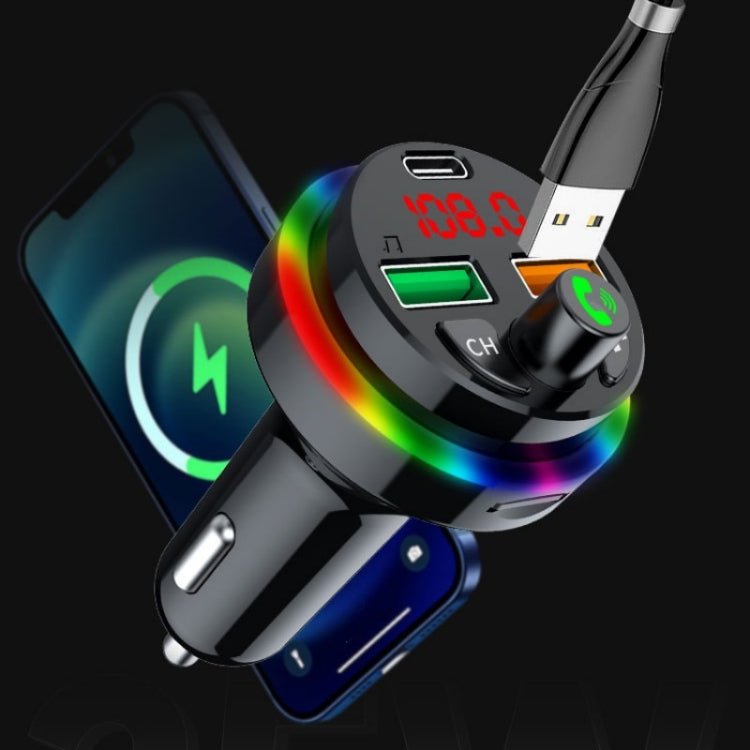 PDF16 Car Bluetooth 5.0 FM Transmitter Colorful Ambient Light Type C Dual USB Fast Charging Charger - In Car by buy2fix | Online Shopping UK | buy2fix