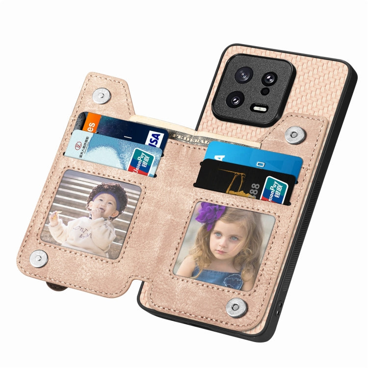 For Xiaomi 13 Carbon Fiber Flip Zipper Wallet Phone Case(Khaki) - 13 Cases by buy2fix | Online Shopping UK | buy2fix