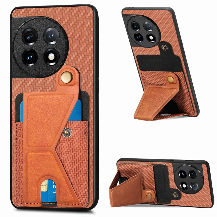 For OnePlus 11 Carbon Fiber Wallet Flip Card K-shaped Holder Phone Case(Brown) - OnePlus Cases by buy2fix | Online Shopping UK | buy2fix