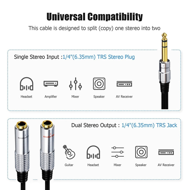 JUNSUNMAY 6.35mm Male to Dual 6.35mm Female Stereo Audio Adapter, Length: 0.2m - Microphone Audio Cable & Connector by JUNSUNMAY | Online Shopping UK | buy2fix