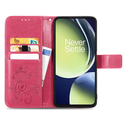 For OnePlus Nord CE 3 Lite Four-leaf Clasp Embossed Buckle Leather Phone Case(Magenta) - OnePlus Cases by buy2fix | Online Shopping UK | buy2fix