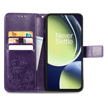 For OnePlus Nord CE 3 Lite Four-leaf Clasp Embossed Buckle Leather Phone Case(Purple) - OnePlus Cases by buy2fix | Online Shopping UK | buy2fix