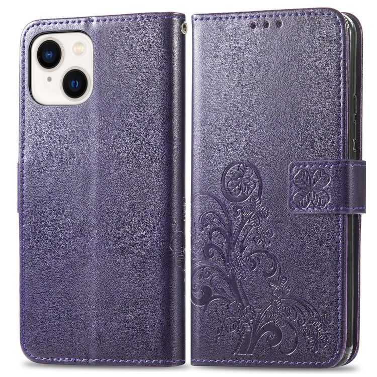 For iPhone 15 Plus Four-leaf Clasp Embossed Buckle Leather Phone Case(Purple) - iPhone 15 Plus Cases by buy2fix | Online Shopping UK | buy2fix