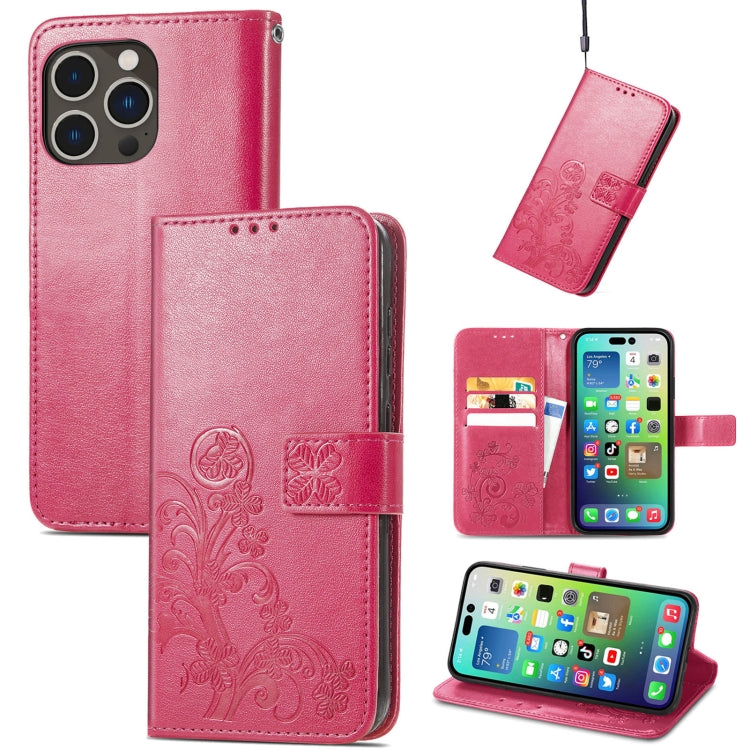 For iPhone 15 Pro Four-leaf Clasp Embossed Buckle Leather Phone Case(Magengta) - iPhone 15 Pro Cases by buy2fix | Online Shopping UK | buy2fix