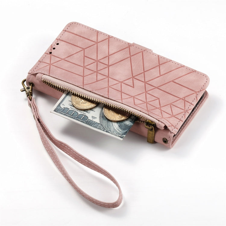 For iPhone 14 Geometric Zipper Wallet Side Buckle Leather Phone Case(Pink) - iPhone 14 Cases by buy2fix | Online Shopping UK | buy2fix