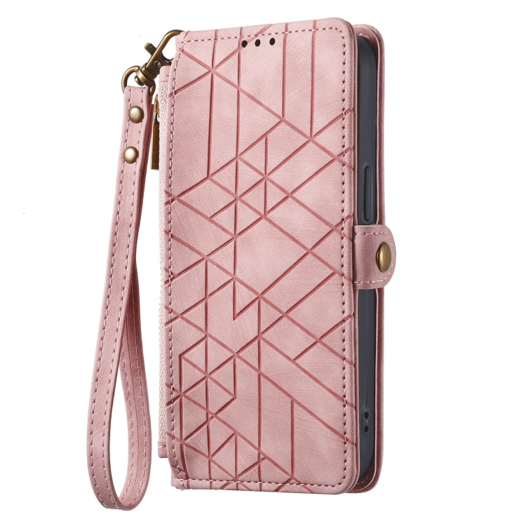 For iPhone 15 Plus Geometric Zipper Wallet Side Buckle Leather Phone Case(Pink) - iPhone 15 Plus Cases by buy2fix | Online Shopping UK | buy2fix