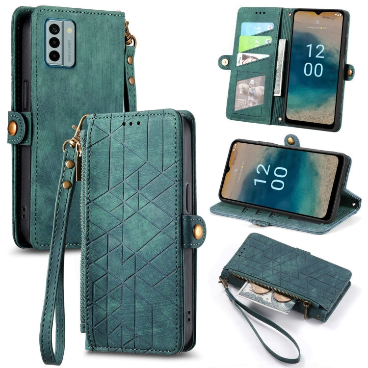 For Nokia G22 Geometric Zipper Wallet Side Buckle Leather Phone Case(Green) - Nokia Cases by buy2fix | Online Shopping UK | buy2fix