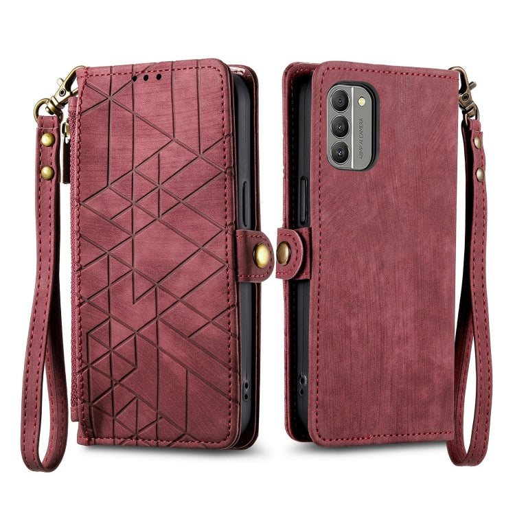 For Nokia G11/G21 Geometric Zipper Wallet Side Buckle Leather Phone Case(Red) - Nokia Cases by buy2fix | Online Shopping UK | buy2fix