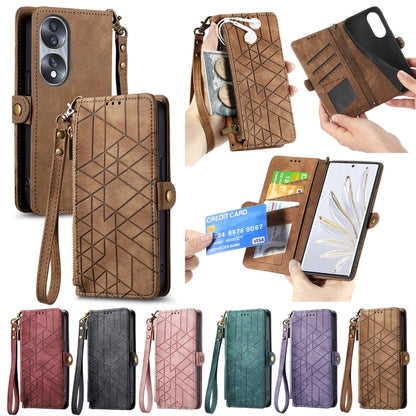 For Honor 50 Pro Geometric Zipper Wallet Side Buckle Leather Phone Case(Brown) - Honor Cases by buy2fix | Online Shopping UK | buy2fix