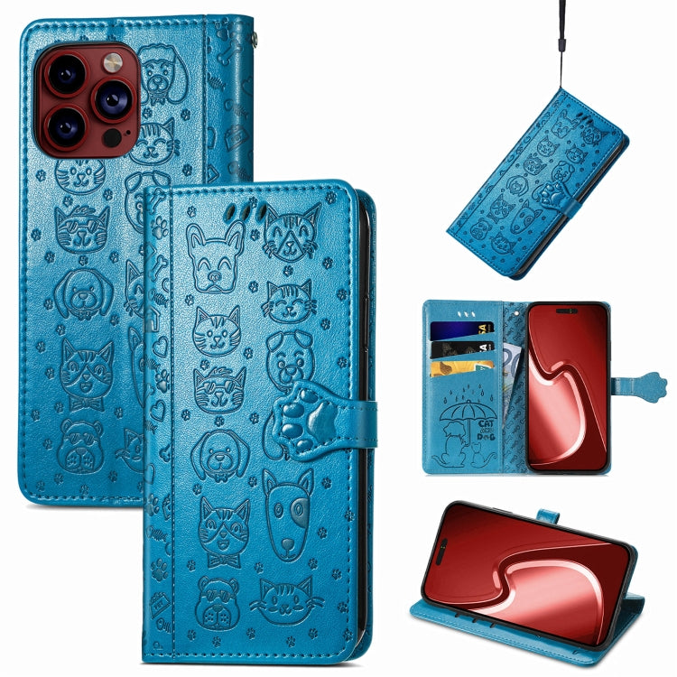 For iPhone 15 Pro Max Cat and Dog Embossed Leather Phone Case(Blue) - iPhone 15 Pro Max Cases by buy2fix | Online Shopping UK | buy2fix