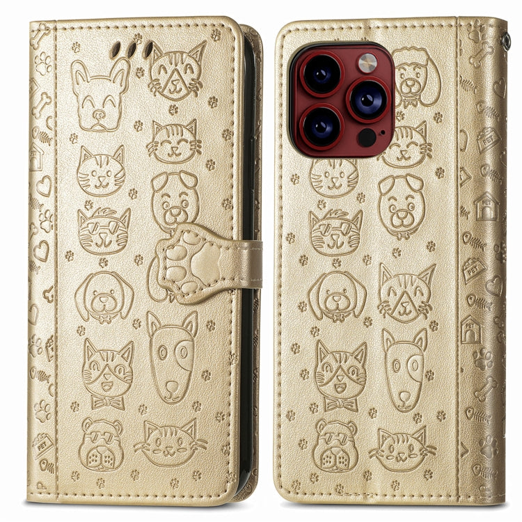 For iPhone 15 Pro Max Cat and Dog Embossed Leather Phone Case(Gold) - iPhone 15 Pro Max Cases by buy2fix | Online Shopping UK | buy2fix