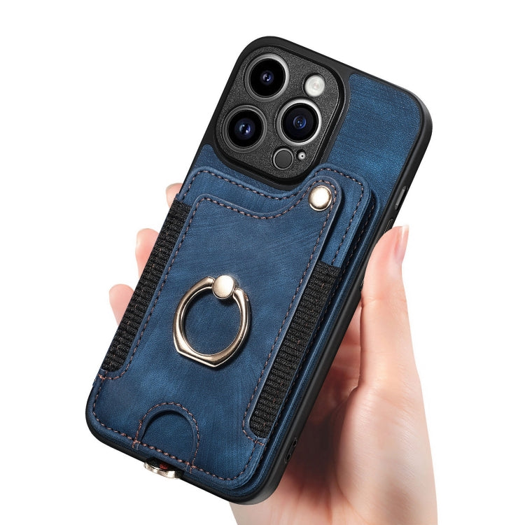 For iPhone 15 Pro Max Retro Skin-feel Ring Multi-card Wallet Phone Case(Blue) - iPhone 15 Pro Max Cases by buy2fix | Online Shopping UK | buy2fix