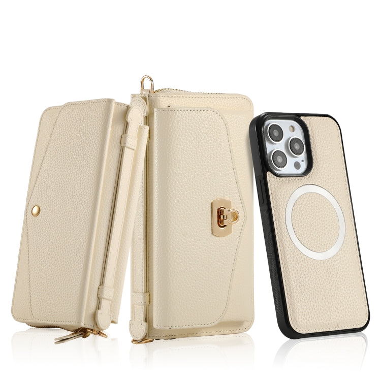 For iPhone 14 Pro MagSafe Crossbody Multi-functional Zipper Wallet Litchi Leather Phone Case(White) - iPhone 14 Pro Cases by buy2fix | Online Shopping UK | buy2fix