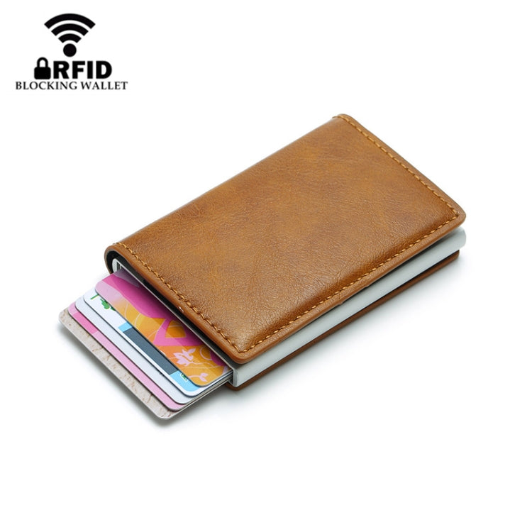 Automatic Elastic Card Type Anti-magnetic RFID Anti-theft Retro Card Package Universal Leather Metal Wallet(Brown) - Home & Garden by buy2fix | Online Shopping UK | buy2fix