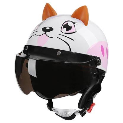 BYB 820 Children Four Seasons Universal Cartoon Electric Motorcycle Helmet, Specification: Tea Color Short Lens(Four Seasons White Cat) - In Car by buy2fix | Online Shopping UK | buy2fix