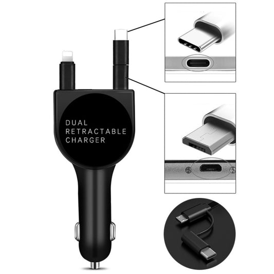 3 In 1 3.1A Dual USB Single Pull Retractable Fast QC3.0 Car Charger(Black) - In Car by buy2fix | Online Shopping UK | buy2fix