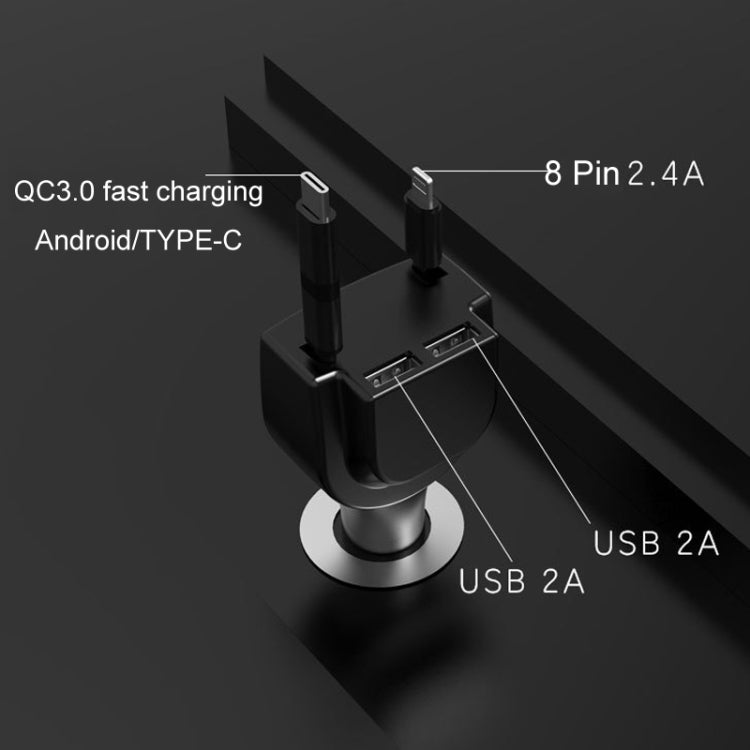 3 In 1 3.1A Dual USB Single Pull Retractable Fast QC3.0 Car Charger(Blue) - In Car by buy2fix | Online Shopping UK | buy2fix