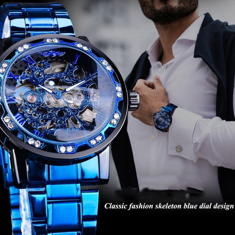 Winner Leisure Skeleton Diamond Luminous Pointer Watch Men Manual Mechanical Watch(Silver Belt Silver Shell Blue Face) - Metal Strap Watches by Winner | Online Shopping UK | buy2fix