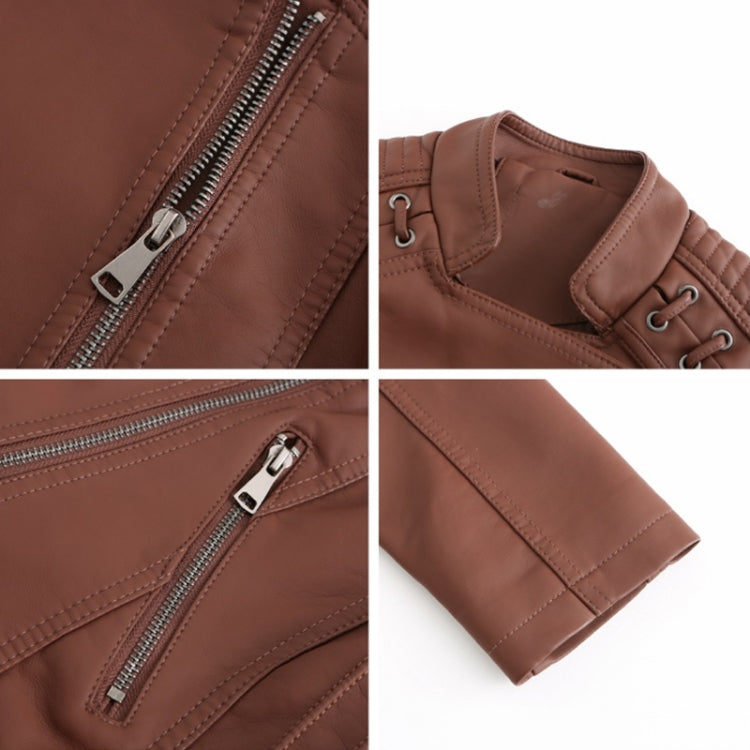 Women Short Leather Jacket Slim Jacket Motorcycle Suit, Size: M(Coffee) - Jacket & Loose Coat by buy2fix | Online Shopping UK | buy2fix