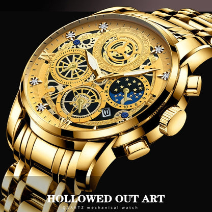 BINBOND 4010 Multifunctional Waterproof Hollowed Luminous Quartz Watch(Inter-gold White Surface) - Metal Strap Watches by BINBOND | Online Shopping UK | buy2fix