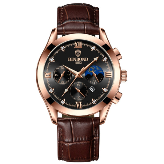 BINBOND B3591 30m Waterproof Luminous Calendar Men Watch, Color: Brown Leather-Rose-Black - Leather Strap Watches by BINBOND | Online Shopping UK | buy2fix