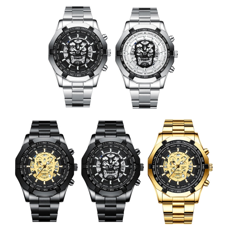 BINBOND S034 30M Waterproof Quartz Watch Skull Skeleton Luminous Watch(Black Steel Black Gold Nail) - Metal Strap Watches by BINBOND | Online Shopping UK | buy2fix