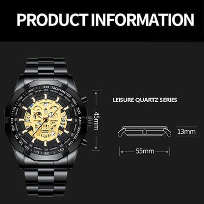 BINBOND S034 30M Waterproof Quartz Watch Skull Skeleton Luminous Watch(Black Steel Black Gold Nail) - Metal Strap Watches by BINBOND | Online Shopping UK | buy2fix