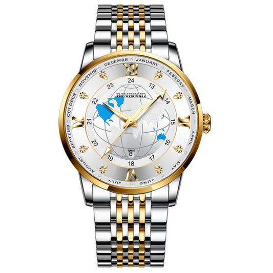 BINBOND B1117 30M Waterproof Earth Dial Butterfly Buckle Luminous Quartz Watch(Inter-gold-White) - Metal Strap Watches by BINBOND | Online Shopping UK | buy2fix
