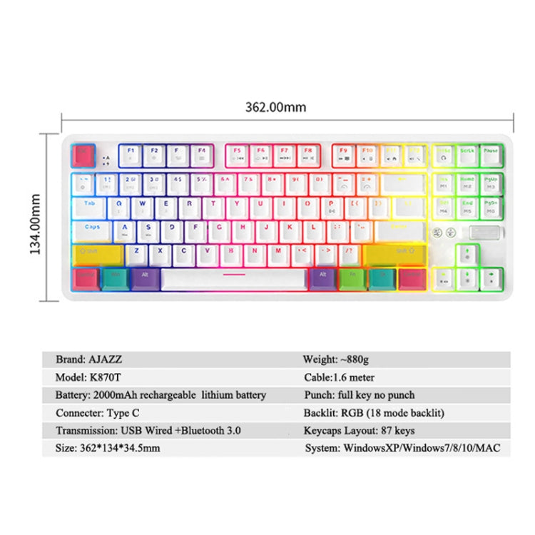 Ajazz K870T 87-Key RGB Office Game Phone Tablet Bluetooth/Wired Dual-Mode Mechanical Keyboard Green Shaft (Black) - Wired Keyboard by Ajazz | Online Shopping UK | buy2fix