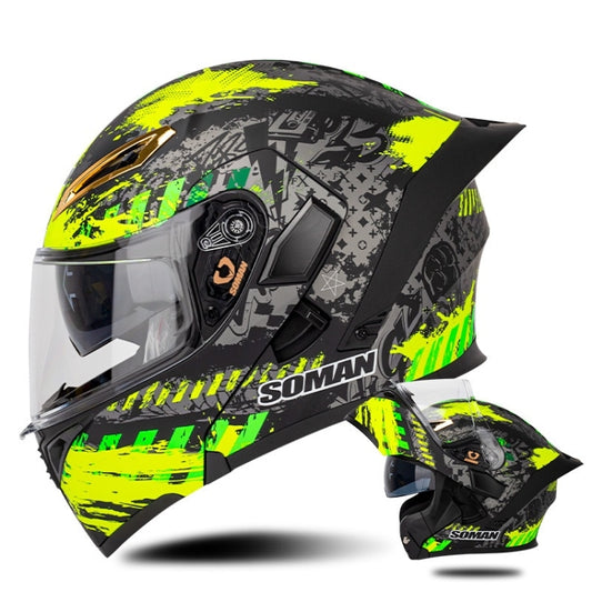 SOMAN Motorcycle Dual Lens Riding Peel-Off Full Coverage Helmet, Size: M(Black Fluorescent Yellow Spark) - Helmets by SOMAN | Online Shopping UK | buy2fix