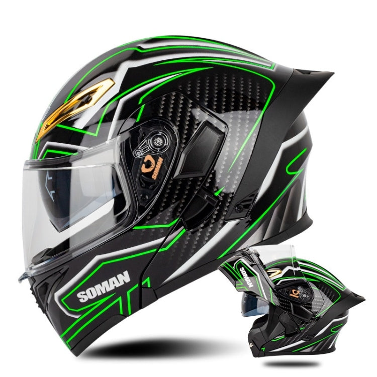 SOMAN Motorcycle Dual Lens Riding Peel-Off Full Coverage Helmet, Size: XL(Bright Black Green) - Helmets by SOMAN | Online Shopping UK | buy2fix