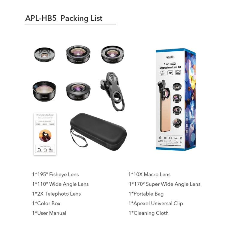 APEXEL APL-HB5 5 in 1 Wide Angle Macro Fisheye HD External Mobile Phone Lens(Set) - Macro & Wide-angle by APEXEL | Online Shopping UK | buy2fix